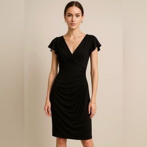 LAUREN RALPH LAUREN Ruched Faux Wrap Flutter Sleeves Dress, Black, Size 10
